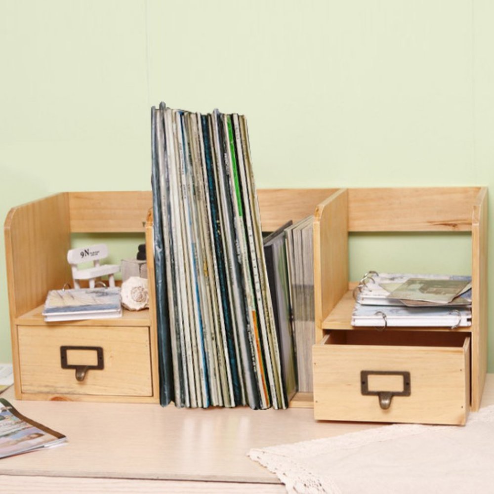 Wood Drawer Desk Organizer Natural Wood Tall Desktop & Paper Organizer w/ drawer